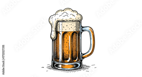 A refreshing glass of frothy beer with a handle on a white background.