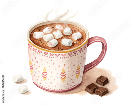 Watercolor Hot Chocolate Mug with Marshmallows 