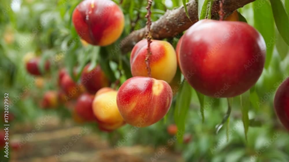 Ripe red and yellow peaches hanging on tree branches in an orchard. Ripe red and yellow peaches hanging on tree branches in an orchard.