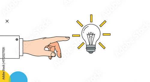 A hand is pointing at a lightbulb representing an idea occurring.