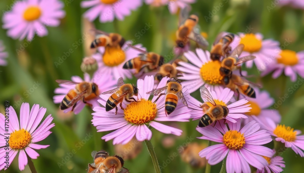 Obraz premium A close-up of honey bees gathering nectar from pink daisies. The scene showcases vibrant flowers and busy bees in a natural setting.