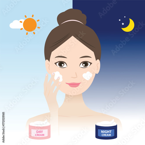 Cute cartoon woman applying day and night cream with day and night background vector illustration. Skincare, beauty routine and self care concept for moisture and hydration skin.