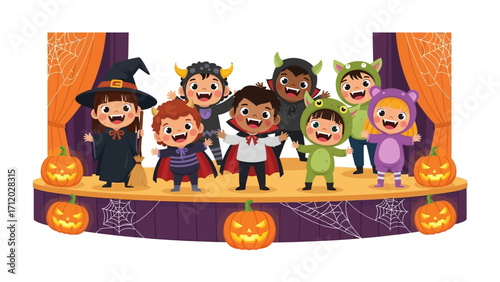 Halloween Kids Show: A group of adorable children dressed in imaginative costumes stands on stage in front of a spooky curtain, as jack-o'-lanterns glow during the Halloween season.