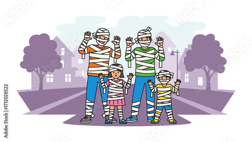 Halloween Mummy Family Celebration: A playful family dressed as mummies stands together, perfectly capturing the whimsical essence of the Halloween holiday.