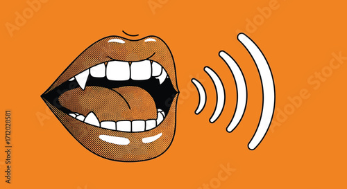 A striking illustration captures the essence of a voice emanating from open lips with sharp teeth.