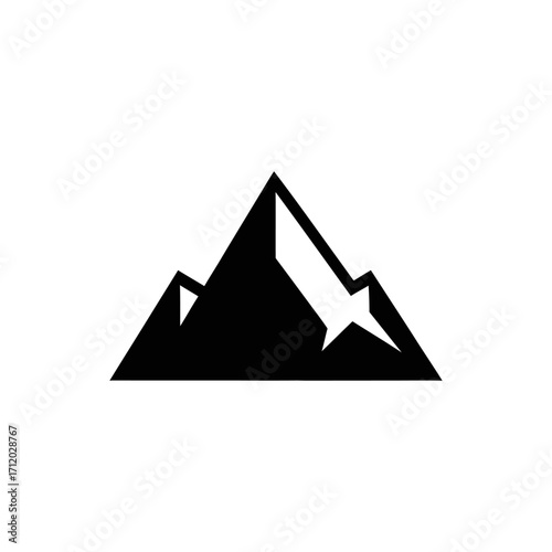 A stark black and white graphic illustration of a mountain range with sharp peaks and deep shadows.