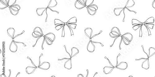 Seamless monochrome pattern with coquette bow, outline drawings set, vector illustration isolated on white