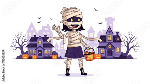 Halloween Mummy's Trick or Treat: A cartoon illustration depicts a playful mummy wandering on Halloween.