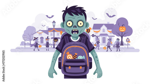 Trick or Treat: A vibrant illustration of a young zombie boy, playfully embracing the Halloween spirit as he trick-or-treats in a lively suburban neighborhood. 