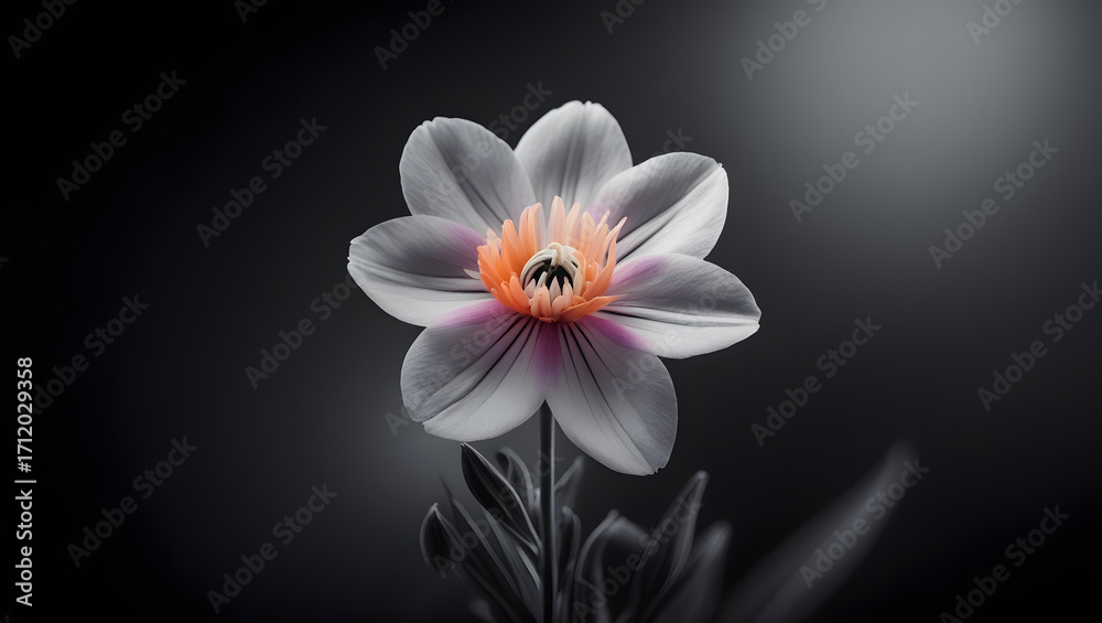 Fototapeta premium Cinematic black and white photograph of a single vibrant flower against a dark gradient background, captured with shallow depth of field to highlight delicate petals, intricate textures, and striking 