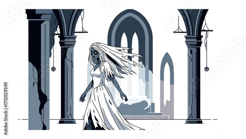 Spooky Specter in the Haunted Hallway: A ghostly bride drifts through a spectral church, her tattered wedding gown whispering tales of a chilling past in a haunting illustration.