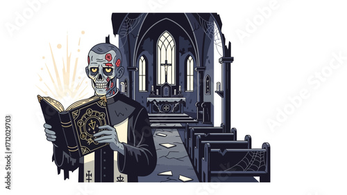 Zombie Priest in Church: An undead priest, adorned in clerical attire, stands within the shadowed interior of a dilapidated church, intently engrossed in an ancient, arcane tome.
