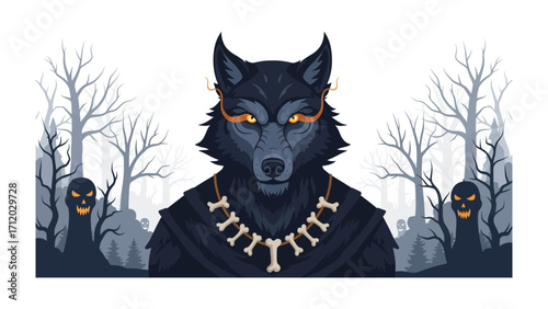 Mystical Wolf Illustration: A mystical illustration of a wolf with glowing eyes stands proudly in a mysterious, slightly eerie setting, evoking a sense of magic and the supernatural.