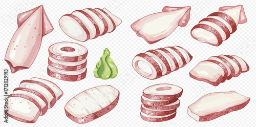 A watercolor illustration set of fresh squid sashimi, featuring whole bodies, sliced pieces, rings, and wasabi.