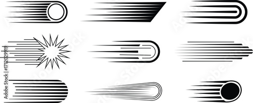 Speed line black vectors icons set, fast motion effect elements, dynamic streak acceleration graphic shape illustration. Speed action symbols. Superhero signs. Speed improvement chart boost power.
