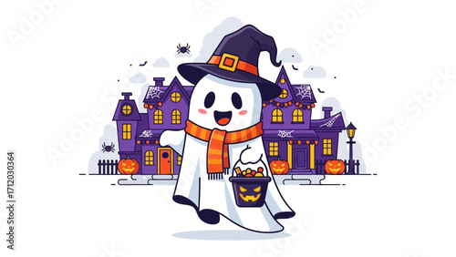 Spooky Halloween Illustration: An adorable cartoon ghost, donning a witch's hat and scarf, floats merrily through a spooky Halloween night. The illustration is vibrant and cartoonish.