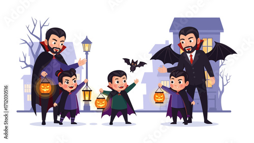 Halloween Trick-or-Treat Family: A cartoon depiction of a family celebrating Halloween with kids and a parent dressed in Halloween costumes, out for trick-or-treating on a spooky evening. 