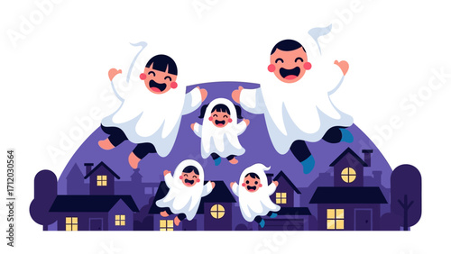 Happy Halloween Family in Costume: A joyful family dresses up as playful ghosts, soaring through a lively Halloween night filled with charming houses.