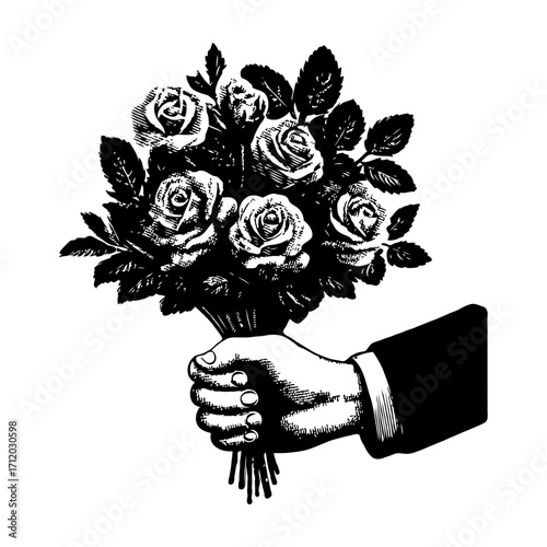 Hand holding bouquet of roses in vintage engraving style on white background. Concept of gift, romance, celebration flower delivery
