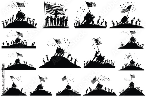 Silhouettes of soldiers raising American flag on hills with stars 1