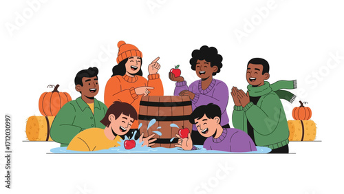 Autumn Fun: Diverse friends joyfully engage in apple bobbing, surrounded by festive pumpkins, celebrating the cozy spirit of fall, a lighthearted depiction of seasonal merriment.
