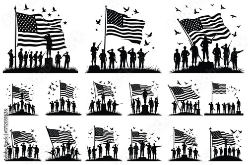 Silhouette soldiers saluting American flags with birds and stars 1