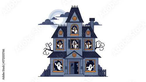 Spooky Mansion's Mystery: A chilling cartoon illustration of a haunted house, showcasing ghosts peering from the windows with a mysterious ambiance.