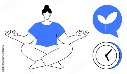 Woman seated in lotus pose practicing meditation with growth and clock icons reflecting mindfulness, self-care, time management, wellness, personal growth, balance in life, simple flat metaphor
