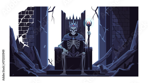 Eternal Monarch: A skeletal king sits regally upon his throne within a decayed, imposing castle, clad in a majestic crown and holding a staff of power, a digital artwork of macabre royalty.