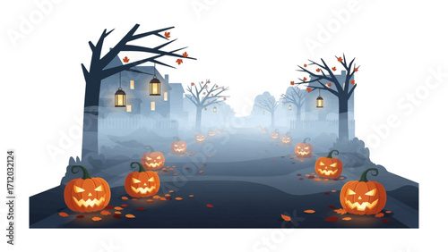 Halloween Avenue: Eerie street scene at night. Animated carved pumpkins line a fog-shrouded road under silhouette trees. The overall scene delivers a captivating atmosphere of Halloween. 
