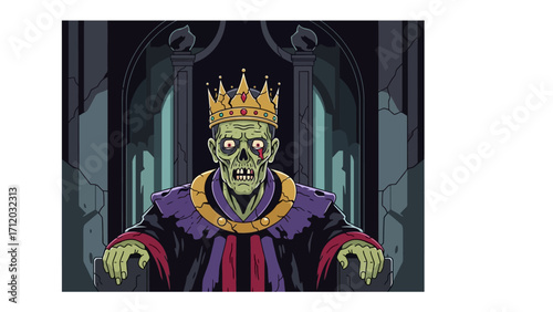 Undead Sovereign in Throne: An eerie illustration of a zombie king, crowned and cloaked, sits upon a throne within a gothic hall.