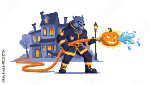 Halloween Wolfman Firefighter: A unique illustration of a werewolf in a firefighter uniform, spraying water from a hose shaped like a glowing jack-o'-lantern.