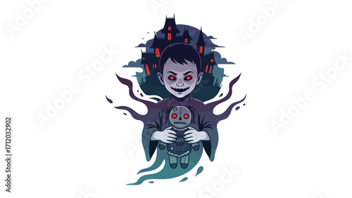 Shadow of the Night: An eerie illustration of a menacing child with unsettling red eyes holds a doll against a backdrop of a haunted house and swirling dark energy, perfect for Halloween.