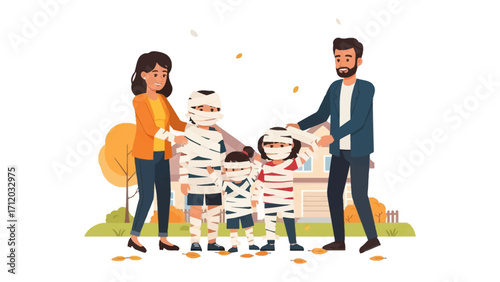 Halloween Family Fun: A vibrant family, costumed as mummies, stands in front of their home, captured in an artistic illustration.
