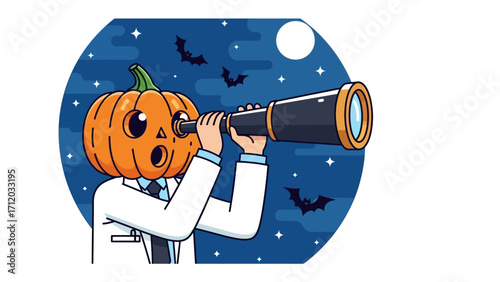 Pumpkin Head with Telescope: Whimsical illustration, pumpkin-headed figure with wide eyes peers intently through a telescope, discovering the world beyond the horizon, under a starlit night sky.