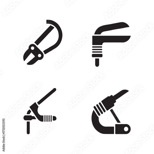 Solid welding clamp icons set isolated on white background