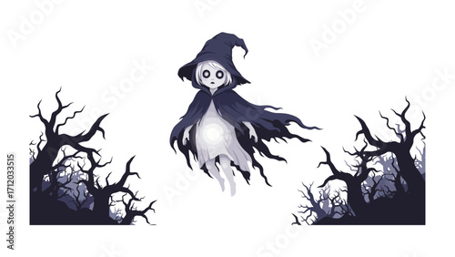 Mystical Halloween Phantom: A spectral apparition, draped in a dark cloak and pointed hat, floats through a spooky silhouette of barren trees, perfect for the Halloween season.