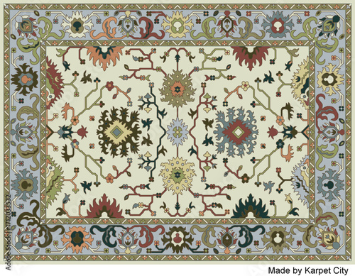 Beige base with traditional subtle motifs. Good if you want something plush with texture