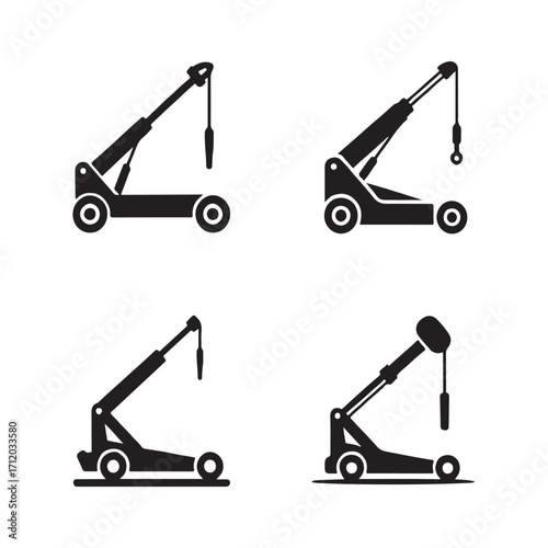 Hydraulic jack solid icons set isolated on white background