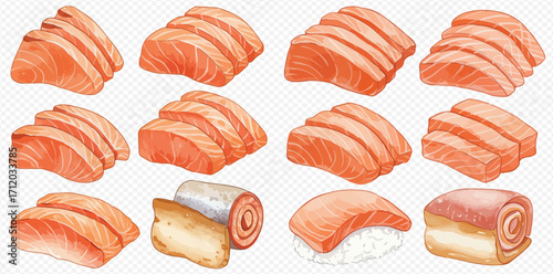 A watercolor illustration set of various Japanese salmon dishes, including sashimi, nigiri, and rolls on a transparent background.