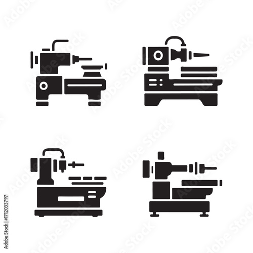 Lathe machine solid icons set isolated on white background