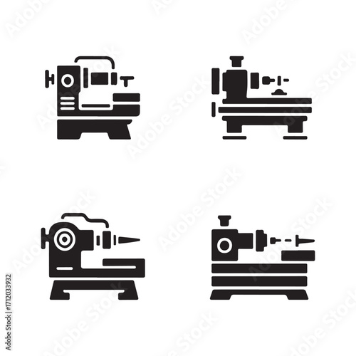 Lathe machine solid icon set isolated on white background