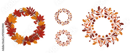 Autumn leaves and berries wreath vector set on transparent background