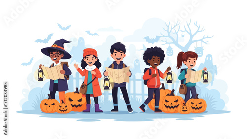 Halloween adventure: A group of diverse children, each in unique Halloween costumes, embark on a thrilling adventure, guided by maps and lanterns.