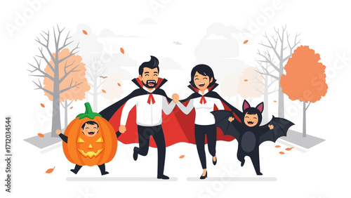 Halloween Family Fun: A cheerful family dressed in playful costumes joyfully strolls outdoors, perfectly embodying the spirit of Halloween and its festive atmosphere.