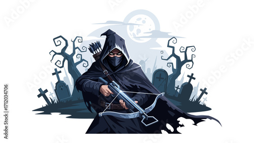 Assassin Amidst Shadows: A mysterious assassin stands poised, cloaked and masked, against a backdrop of a moonlit graveyard. This illustrates the concept of stealth, danger, and the unknown.