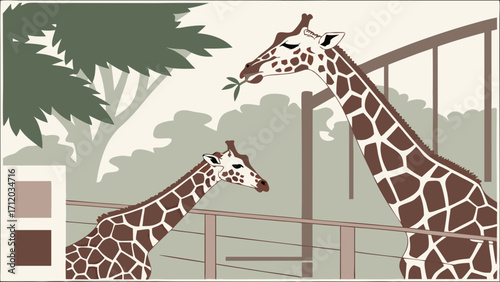 Adult and baby giraffe in enclosure stylized illustration nature wildlife zoo animals safari theme vector art animal portrait wildlife art African animals tall animals gentle giants m.