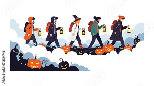Halloween Hikers: A collection of illustrated figures, each in unique costumes, carries lanterns as they traverse a whimsical landscape adorned with jack-o'-lanterns and mystical clouds.