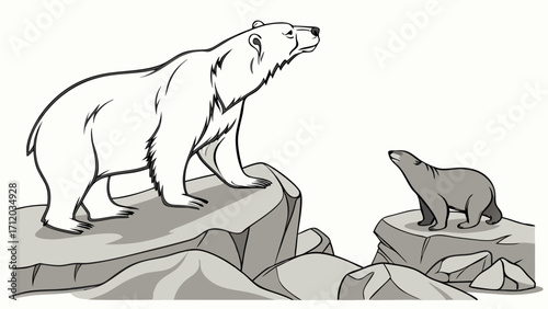 Adult and cub polar bears standing on rocks arctic wildlife illustration nature drawing animals mammals white bear cub bear rocky landscape wilderness scene.