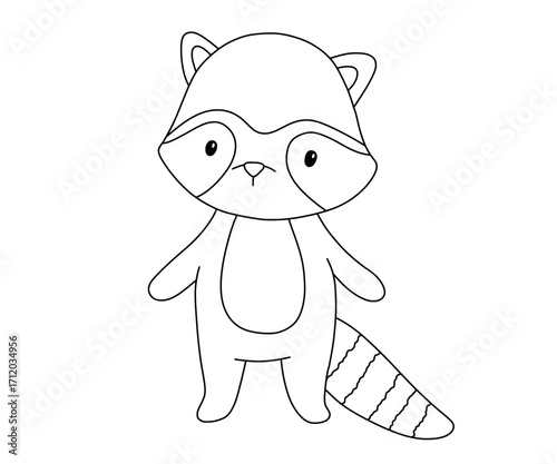 Cute woodland animal raccoon, hand drawn outline illustration for coloring page